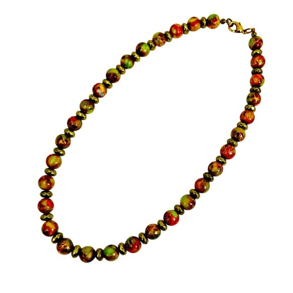 Red and green multi color glass bead necklace mixed with burnished gold beads - Picture 1 of 12